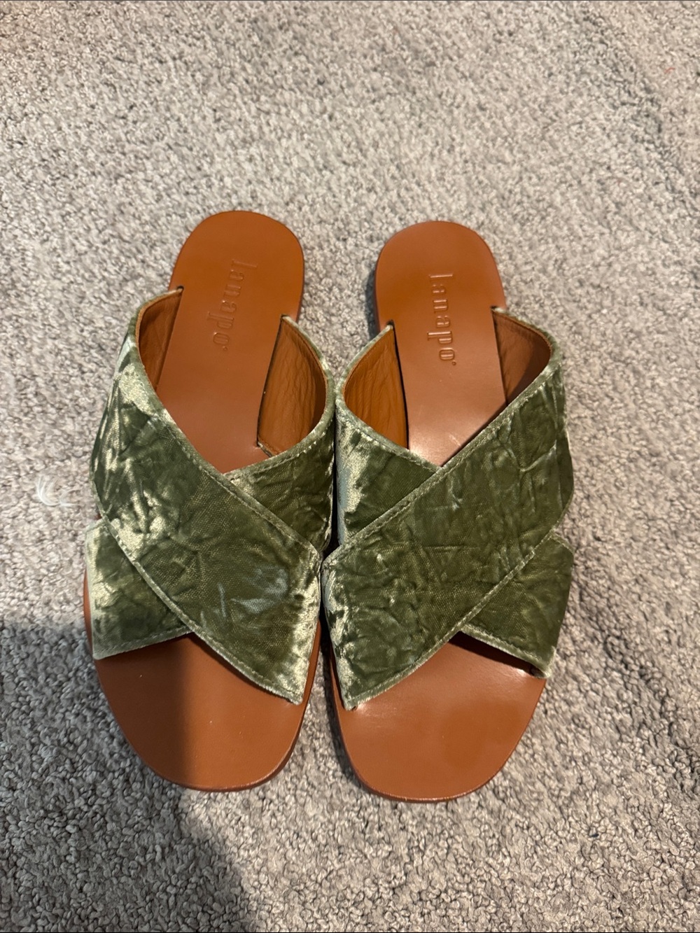 Italian made Velvet Slide Sandals in Olive Green